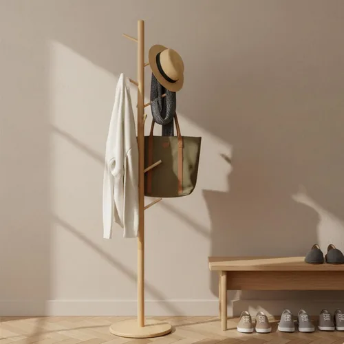 Vista 2 de Perchero y soporte de madera maciza, colgador de ropa independiente con 8 ganchos y 3 alturas ajustables, perchero, soporte para sombreros, Natural