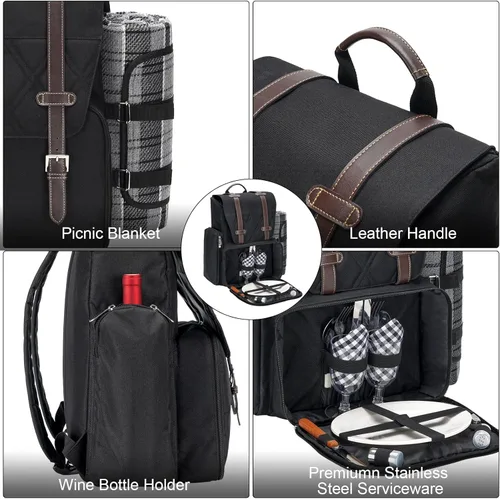 Vista 2 de Mochila de picnic para 2 personas con gran bolsa enfriadora aislada, juego de cesta de picnic con bolsa para vino, manta de picnic impermeable