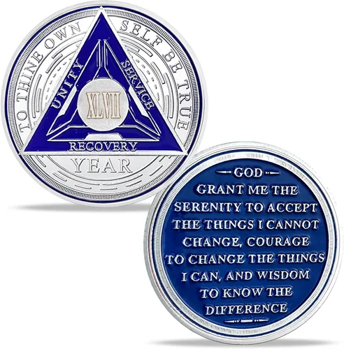 Vista 16 de Juego de monedas de sobriedad triangulares originales de 1 año Medallón AA de número romano plateado con cápsula protectora Ficha de aniversario