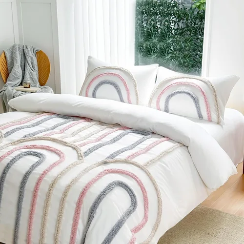 Vista 7 de MEILA Juego de funda de edredón de microfibra lavada, tamaño individual, diseño de arco acolchado, juego de ropa de cama de 2 piezas, bordado