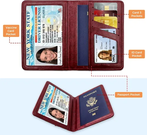 Vista 2 de Soporte para pasaporte para artículos esenciales de viaje, con bloqueo RFID, funda para tarjetas, funda de piel sintética para pasaporte