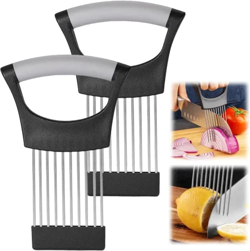 Vista 7 de Soporte para rebanadas de cebolla, nuevo soporte de acero inoxidable 2024 para rebanar, herramienta asistente de picadora, cortador para carne, Negro