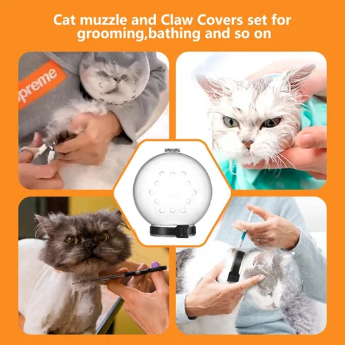 Vista 3 de Bozal y botas para gatos, casco ajustable para aseo, máscara facial transpirable con capucha para afeitarse la cabeza, cubierta de burbujas, soporte