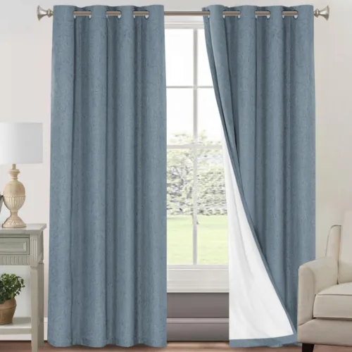 Vista 311 de PrinceDeco Cortinas con textura de lino 100% opacas de 64 pulgadas de largo, juego de 2 paneles de cortinas de lino opacas con forro aislante Arena