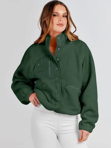 Vista 9 de ANRABESS Chaqueta de forro polar mullido para mujer, estilo casual, manga larga, recortada, con botones, con bolsillos