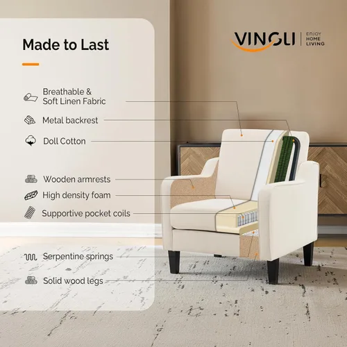 Vista 7 de VINGLI Silla decorativa moderna de mediados de siglo, sillas decorativas de tela beige para sala de estar, sillón tapizado, sofá con brazos