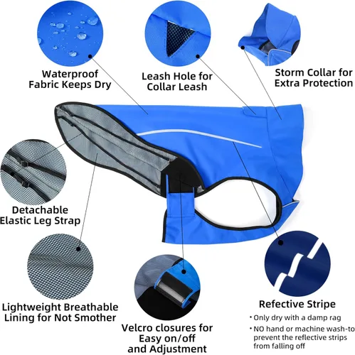 Vista 4 de Mile High Life Chubasquero para perros, chaqueta impermeable ajustable y reflectante para perros pequeños, medianos y grandes, abrigo de lluvia
