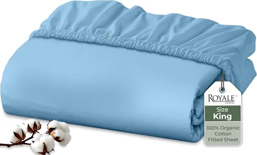 Vista 104 de Royale Linens Sábana bajera ajustable de algodón 100% orgánico - Tejido percal - Sábanas bajeras de bolsillo profundo súper suaves - Sábana elástica