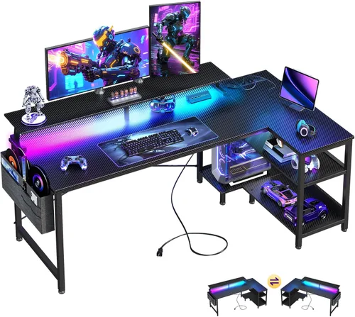 Vista 10 de ODK Escritorio para juegos de 40 pulgadas con tomas de alimentación USB y luces LED, escritorio reversible en forma de L con estantes de Superficie