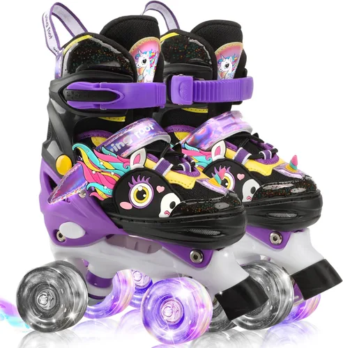 Dino - Patines de ruedas para niños y niñas, WESKIFAN Dinosaur Quad Skating Shoes con ruedas brillantes y tamaños ajustables para principiantes para