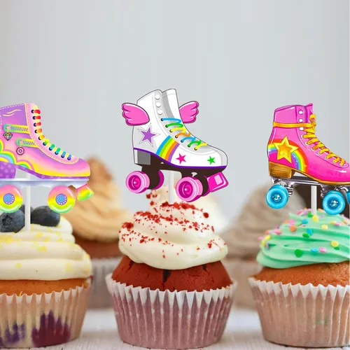 Vista 9 de 36 piezas de patines de ruedas para cupcakes, decoración de fiesta de cumpleaños, estilo retro, hip hop, temática de patinaje, para cupcakes para 80