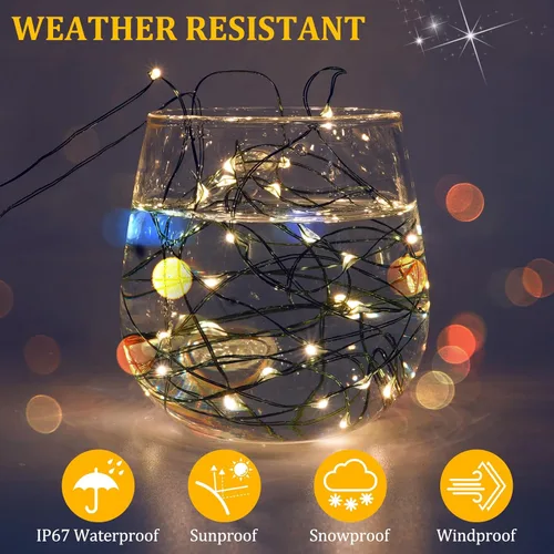 Vista 4 de Miniluces de hadas parpadeantes con pilas, 1 paquete de 200 luces LED de 33 pies, cable verde oscuro, luciérnaga estrellada, luces LED blancas