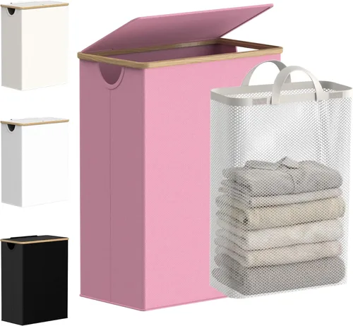 Vista 32 de efluky Cesta de lavandería delgada con tapa, cesta estrecha para la ropa sucia con bolsa extraíble, cesta de ropa sucia delgada con asas de bambú