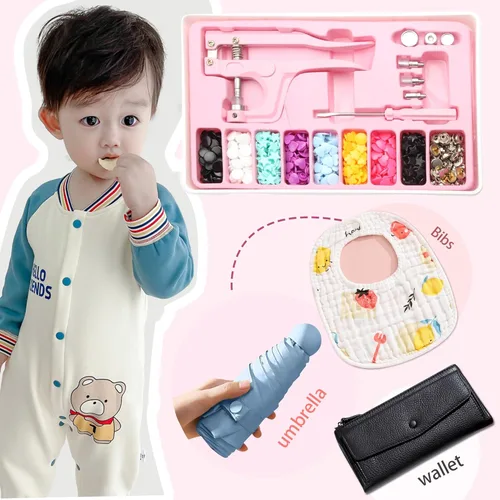 Vista 6 de YUSBUTON Kit de botones a presión, botones de metal y plástico con alicates de cierre, kit de herramientas para cuero y tela, 140 botones a presión