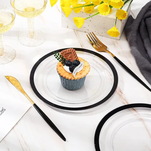 Vista 5 de Tanlade 100 platos de plástico negro transparente a granel de 7.5 pulgadas desechables de alta resistencia con borde rojo redondo ensalada postre