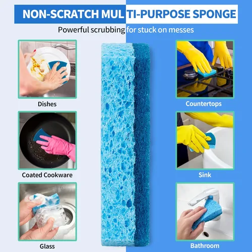 Vista 2 de Esponjas de limpieza de celulosa sin rayones, paquete de 12, esponjas de cocina con diseño de doble cara y ergonómico para platos, utensilios