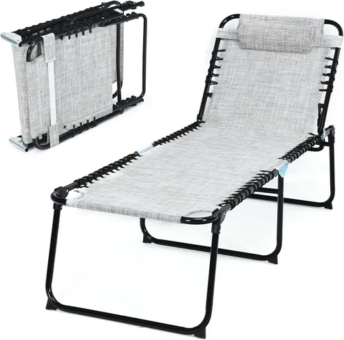 Vista 12 de Tangkula Sillón de playa plegable para exteriores, silla para tomar el sol con reposacabezas extraíble, respaldo ajustable de 4 posiciones, tumbona
