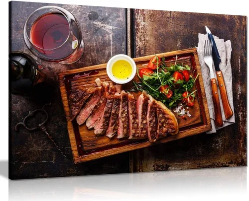 Vista 2 de Lienzo decorativo para pared con carne de res a la parrilla y ensalada con filete de vino, restaurante y comida (12 x 8)