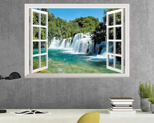 Vista 5 de FLFK Adhesivo de pared falso para ventana, mural de pared de cascada para decoración de pared, calcomanías de pared para pegar y despegar, 24 x 16