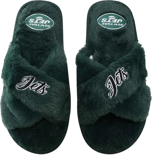 Vista 8 de FOCO Pantuflas deslizantes cruzadas mullidas con logotipo de texto del equipo NFL para mujeres