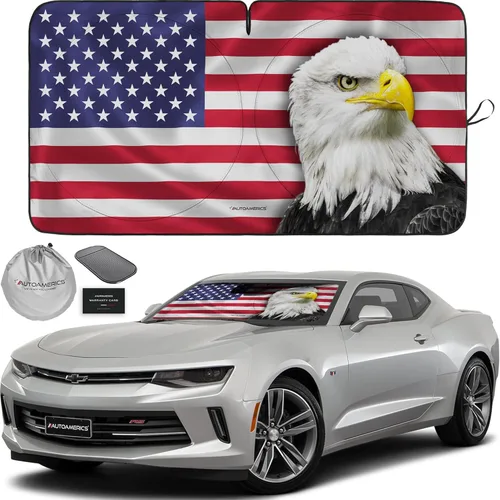 Vista 19 de Autoamerics Parasol para parabrisas de 1 pieza, diseño de camuflaje marrón con bandera estadounidense de Estados Unidos, parasol plegable