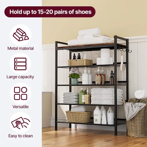 Vista 6 de Shoe Rack for Entryway, 5 Tier Black Metal Shoe Rack with Hooks and Adjustable Mesh Shelves, Shoe Shelf for Closet, Front Door Entrance, and Dorm