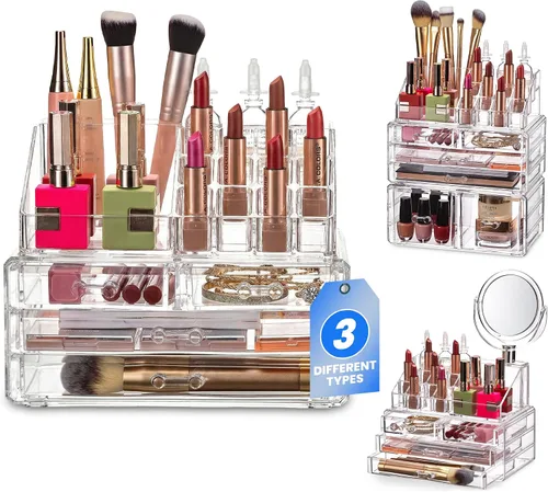 Vista 8 de Masirs Organizador de maquillaje transparente – 16 compartimentos para cosméticos y joyas con 4 cajones – Caja de almacenamiento para maquillaje