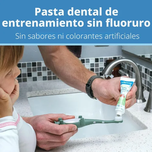Vista 13 de Dr. Brown's Juego de cepillos de dientes de entrenamiento para bebés y niños pequeños, elefante de menta con pasta de dientes de fresa sin flúor