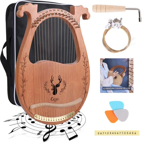 Arpa de Lira, Arpa Acústica de Caoba de 16 Cuerdas con Cuerdas Extras, Púas, Palanca de Afinación, Bolsa de Concierto Negra, Manual para