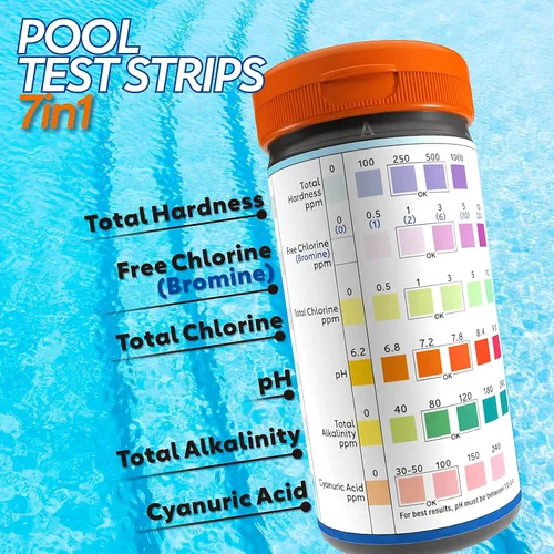 Vista 2 de Tiras de prueba para piscinas y jacuzzis - Kit de prueba de piscina de precisión de grado médico 7 en 1 - Prueba de pH, cloro libre (bromo), Tiras
