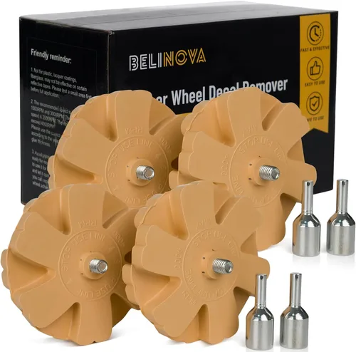 Vista 9 de Paquete de 2 removedores de calcomanías de 3.5 pulgadas, removedor de adhesivo de rueda con adaptador, rueda de goma para taladro, cinta de vinilo
