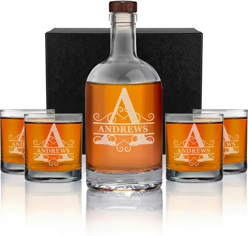 Vista 10 de Personalized Whiskey Decanter Set with Glasses for Dad - Custom Bourbon Decanter Sets 4 Designs - Laser Engraved Customized Whiskey Glasses
