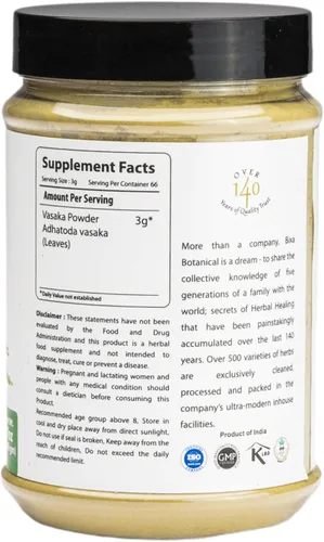 Vista 2 de bixa BOTANICAL Vasaka Hoja en Polvo (Adhatoda vasaka) 7.05 oz (7 Oz)- Suplemento herbario