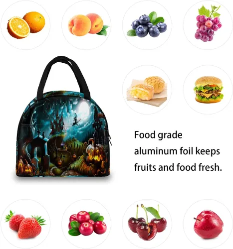 Vista 7 de Bolsa de almuerzo aislada para mujeres y hombres, Halloween, castillo de bruja, calabaza, impermeable, bolsa térmica reutilizable, contenedor