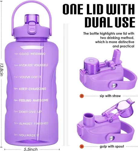 Vista 6 de Botella de agua de un galón con popote, 128 onzas (3.8 L), libre de BPA - Innovadora botella deportiva con tapa 2 en 1 con recordatorios