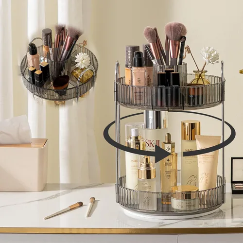 shuang qing Organizador de Maquillaje Giratorio para Tocador, Almacenamiento Transparente de Maquillaje y Cuidado de la Piel de Alta Capacidad Gris