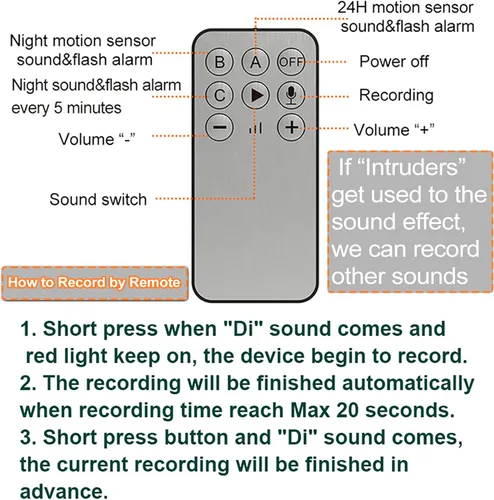 Vista 6 de Sonido solar y luz estroboscópica con sensor de movimiento, grabación de 20 segundos y sonido de disparo y ladridos de perro, bocina de seguridad