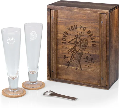 Vista 8 de PICNIC TIME Disney - Juego de vasos de regalo de Mickey Mouse y Minnie Mouse, cristalería grabada de 12 onzas con abrebotellas de madera de acacia