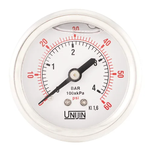 Vista 11 de Serie P251 Dial de 2 pulgadas, manómetro lleno de aceite con internos de latón, 0-1000 PSI/kPa, ± 1.6% de precisión, 1/8" NPT, montaje trasero