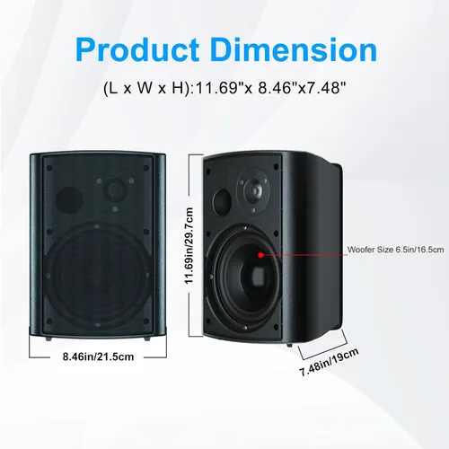 Vista 5 de Herdio Altavoces para exteriores de 6.5 pulgadas con cable, impermeables, pasivos, altavoces de montaje en pared con 800 vatios de graves potentes