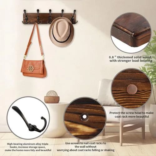 Vista 4 de Perchero de pared rústico para sombreros de 16.8 pulgadas con 5 ganchos triples para colgar abrigos, bolsos, toallas