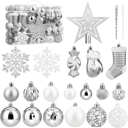 Vista 7 de SOLEDI Juego de 128 piezas de decoración para árbol de Navidad, adornos de Navidad surtidos, bolas de Navidad preatadas para decoraciones colgantes