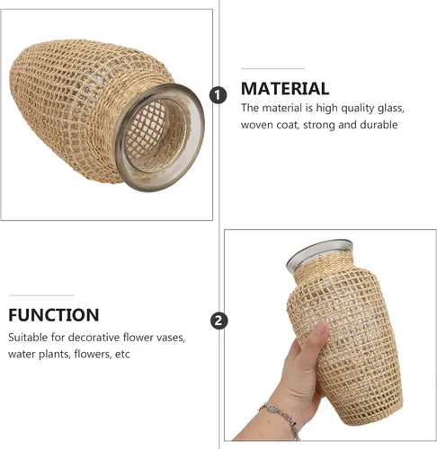 Vista 5 de Cabilock Jarrón de vidrio tejido estilo nórdico de 8.5 pulgadas de hierba marina hidropónica para plantas, jarrón decorativo de mimbre natural