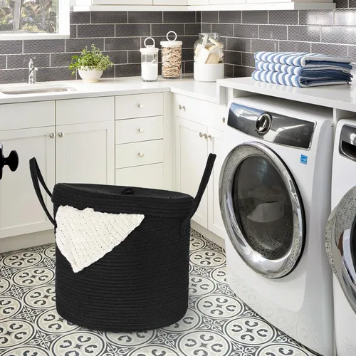 Vista 5 de Cesta grande de 15 x 13 pulgadas con tapa, cesta de almacenamiento de cuerda de algodón para manta, juguete, almohada, toalla, lavandería, sala