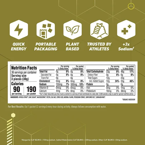 Vista 2 de CLIF BLOKS - Masticables energéticos, Margarita con sal 3 veces más sodio para electrolitos adicionales, sin OMG, alimentos a base de plantas