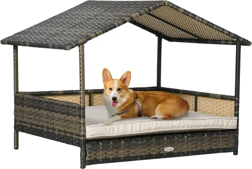 Vista 15 de PawHut Casa de mimbre para perros al aire libre con toldo, cama de ratán para perro con cojín resistente al agua, cama elevada para mascotas