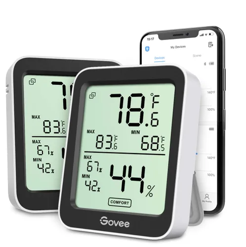 Vista 9 de Govee Termómetro higrómetro para interiores, paquete de 3, medidor de temperatura de humedad Bluetooth con pantalla LCD grande, alerta de Negro