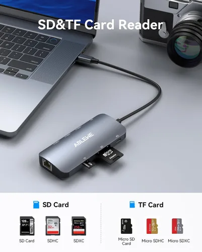 Vista 3 de ABLEWE USB C Hub Ethernet, Hub USB C multipuerto a HDMI, Adaptador USBC 8 en 1 de 4K@60Hz, 1000Mbps, PD de 100W, 3 puertos USB 3.0, estación