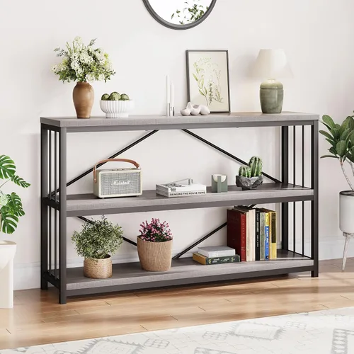 Vista 16 de LVB Mesa consola industrial, mesa de sofá de metal y madera, mesa de entrada rústica con almacenamiento, moderno estante de 3 niveles mesa larga