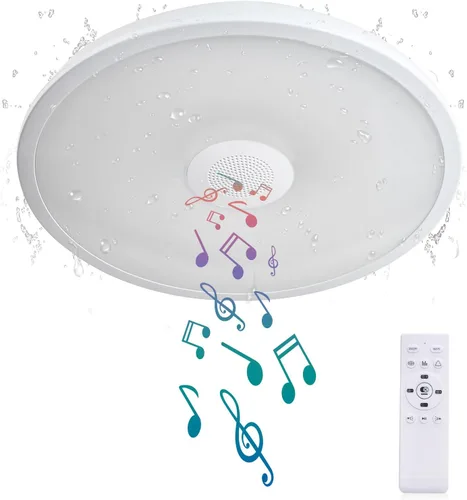 Vista 10 de Lámpara de techo LED impermeable rosa, lámpara de techo de música, con altavoz Bluetooth, 11 pulgadas, 18 W, 2700K-6500K regulable RGB luz cambiante